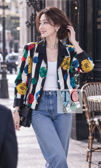 CHANEL Jacket 88S Vintage Black Bold Striped Camellia Print Cotton Runway Shirt 36 38 | HK