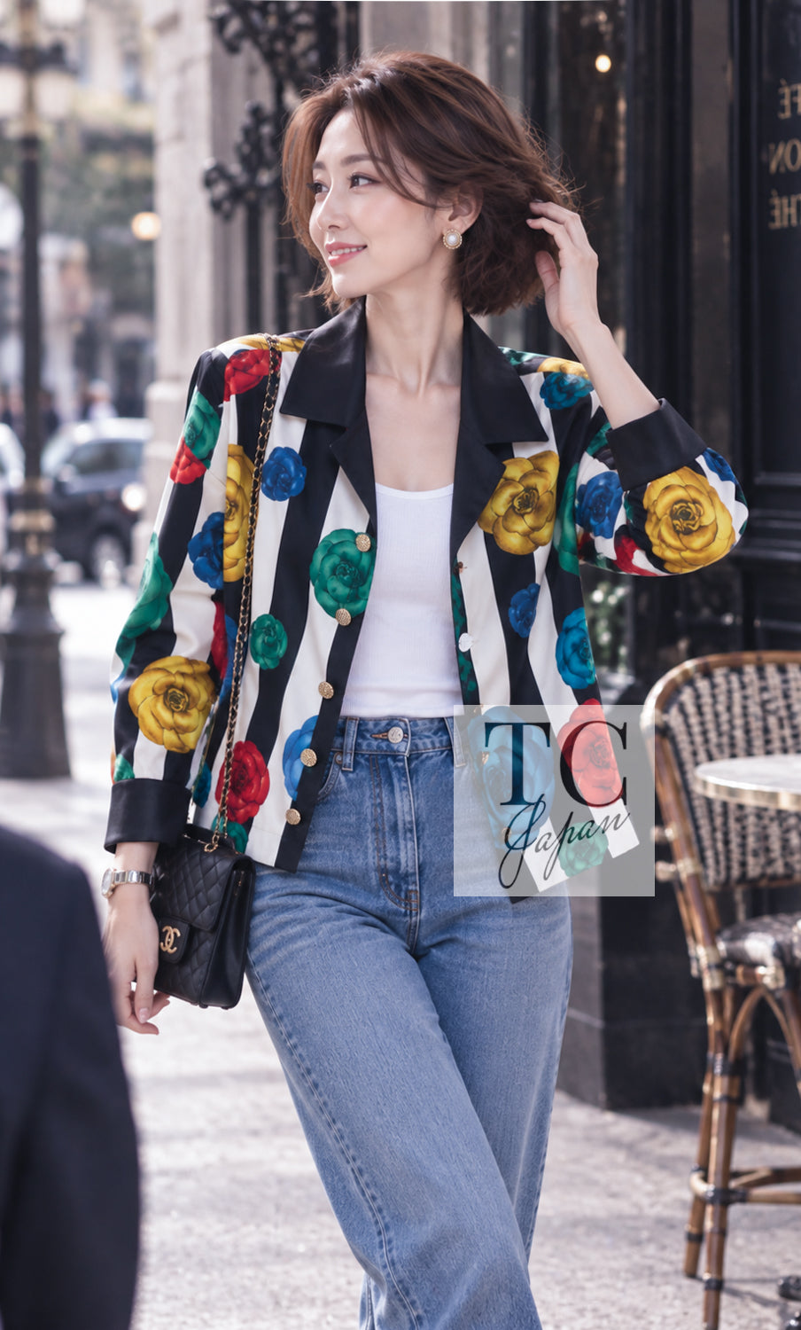 CHANEL Jacket 88S Vintage Black Bold Striped Camellia Print Cotton Runway Shirt 36 38 | HK