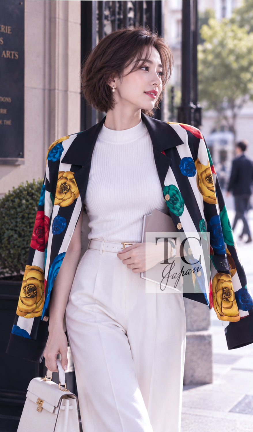 CHANEL Jacket 88S Vintage Black Bold Striped Camellia Print Cotton Runway Shirt 36 38 | HK