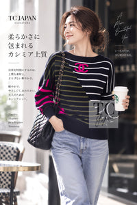CHANEL 20C Dark Navy Fuchsia White CC Logo Cashmere Sweater 34 36 | TW