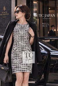 CHANEL Dress 14S White Black Camellia Gripox Button Tweed Gray 34 | INT