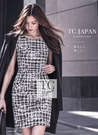 CHANEL Dress 14S White Black Camellia Gripox Button Tweed Gray 34 | INT