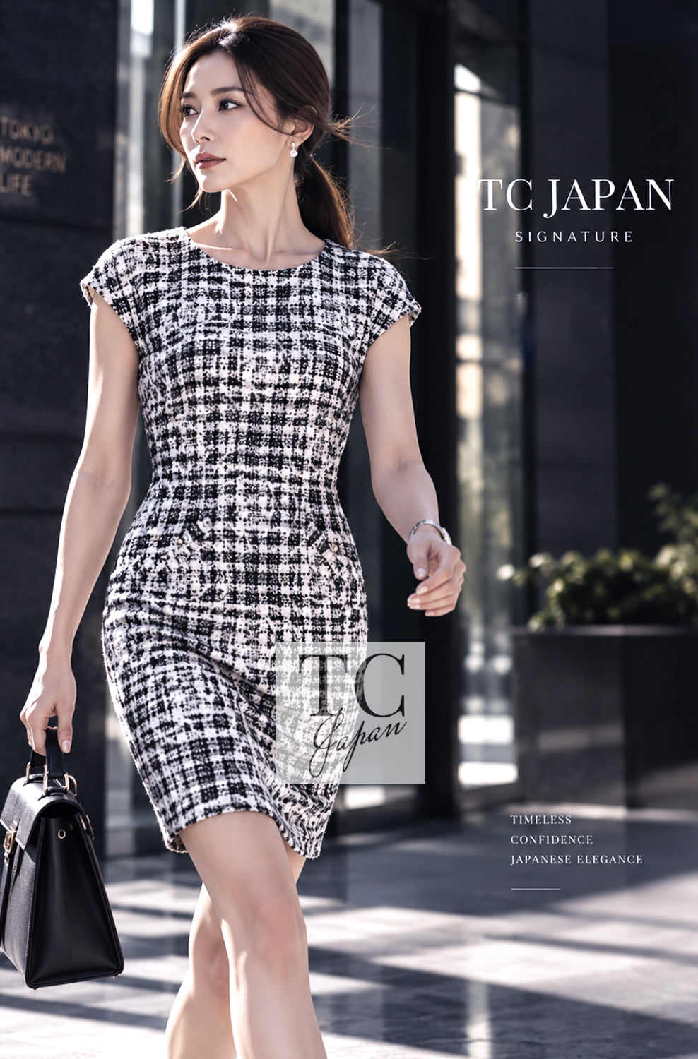 CHANEL Dress 14S White Black Camellia Gripox Button Tweed Gray 34 | INT