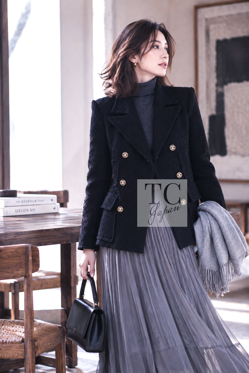 シャネル ジャケット コート CHANEL 01A ブラック ダブル ウール 38 42