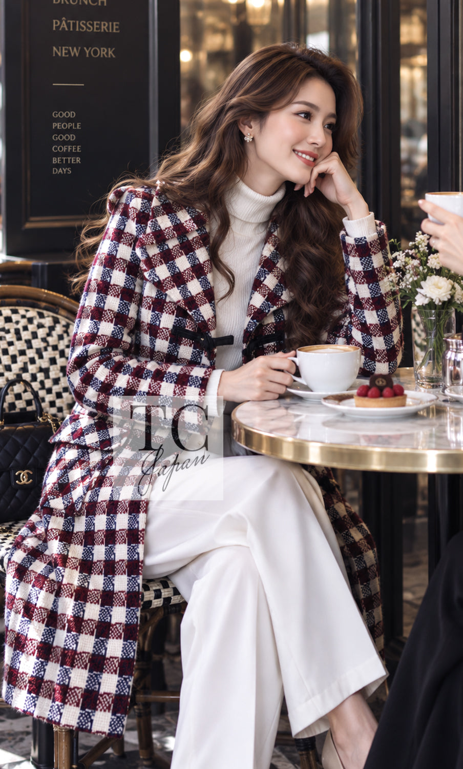 CHANEL Coat 06A Red Blue Ivory Wool Plaid Duffle 40 | UK