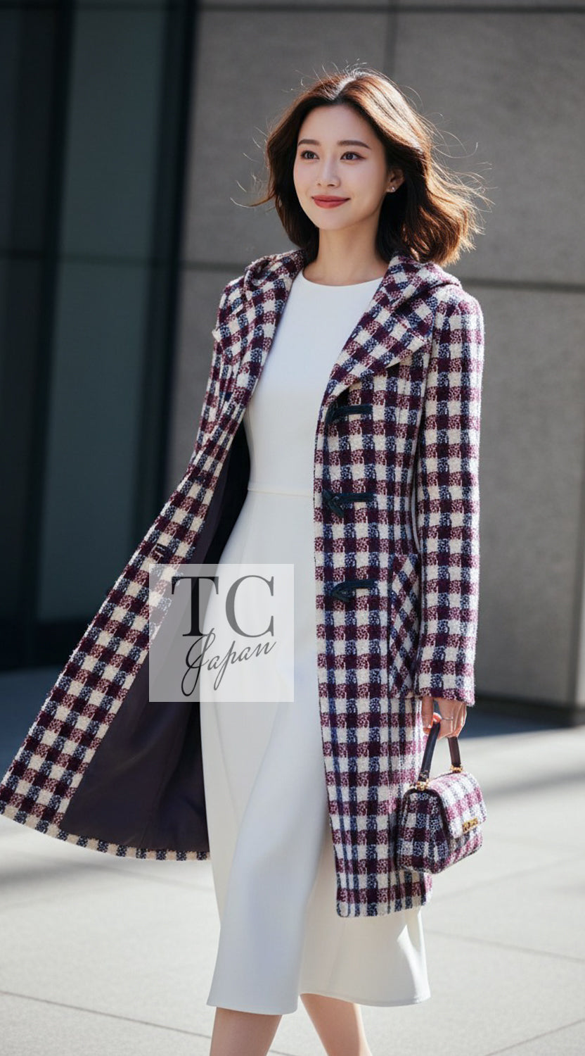 CHANEL Coat 06A Red Blue Ivory Wool Plaid Duffle 40 | UK