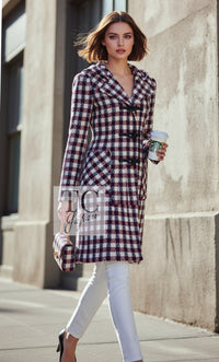 CHANEL Coat 06A Red Blue Ivory Wool Plaid Duffle 40 | UK