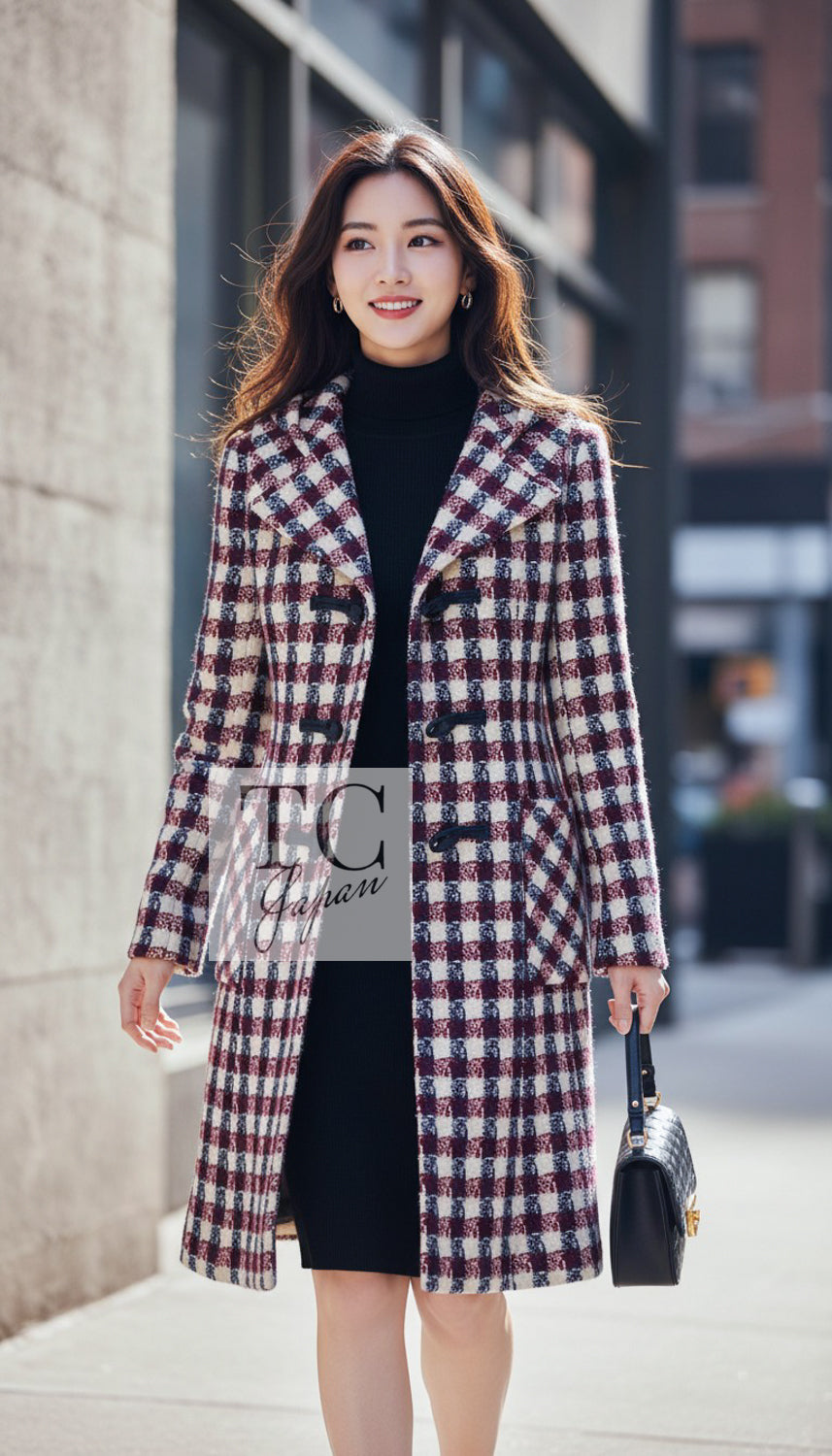 CHANEL Coat 06A Red Blue Ivory Wool Plaid Duffle 40 | UK