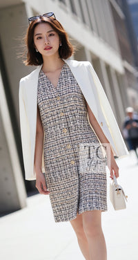 シャネル ワンピース CHANEL 15C ホワイト ブラック ゴールド メタリック ボタン ノースリーブ ゴールドメタリック グリポワ 34