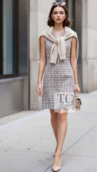 シャネル ワンピース CHANEL 15C ホワイト ブラック ゴールド メタリック ボタン ノースリーブ ゴールドメタリック グリポワ 34