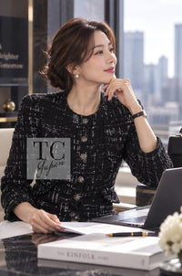 シャネル コート ジャケット CHANEL 18PA ブラック ホワイト 襟なし ココボタン ノーカラー 34