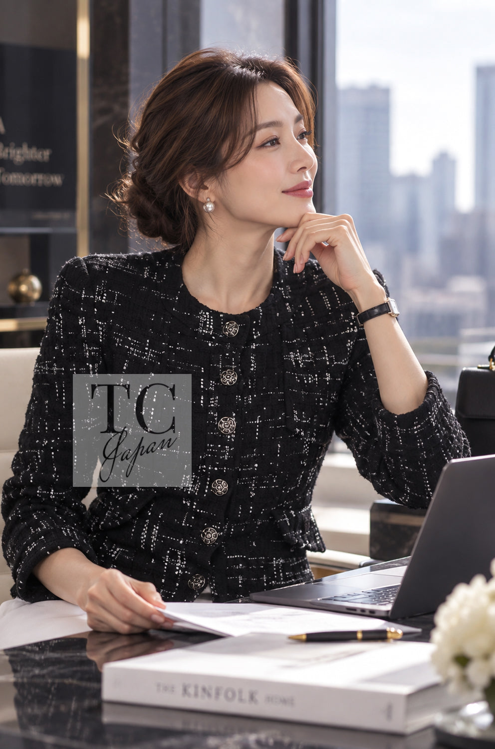 シャネル コート ジャケット CHANEL 18PA ブラック ホワイト 襟なし ココボタン ノーカラー 34
