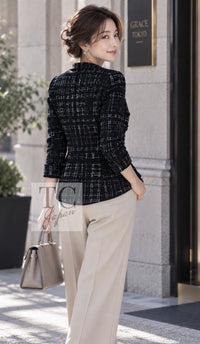 シャネル コート ジャケット CHANEL 18PA ブラック ホワイト 襟なし ココボタン ノーカラー 34