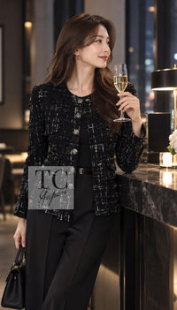 シャネル コート ジャケット CHANEL 18PA ブラック ホワイト 襟なし ココボタン ノーカラー 34