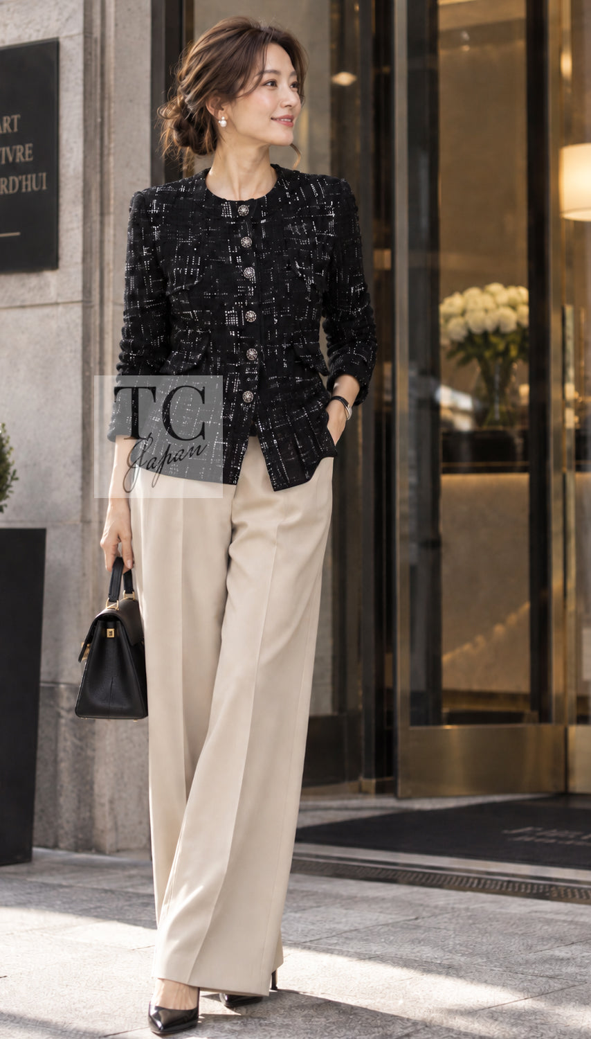 シャネル コート ジャケット CHANEL 18PA ブラック ホワイト 襟なし ココボタン ノーカラー 34