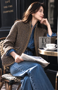 シャネル ジャケット CHANEL 19PF オリーブ グレー ゴールド ジッパー ウール ツイード 36