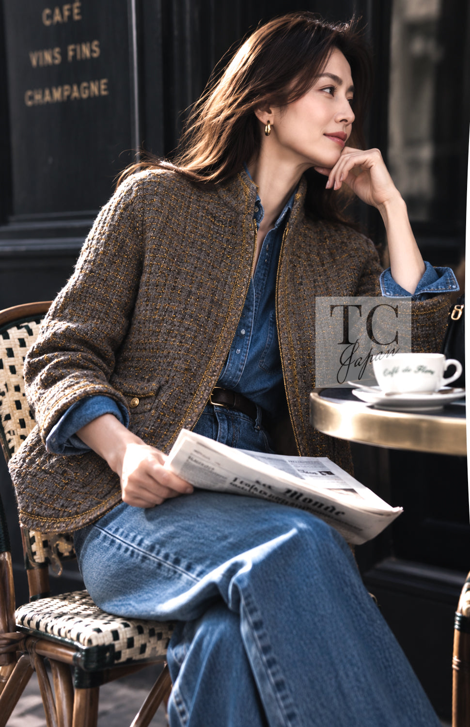 シャネル ジャケット CHANEL 19PF オリーブ グレー ゴールド ジッパー ウール ツイード 36