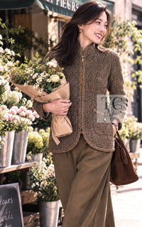 シャネル ジャケット CHANEL 19PF オリーブ グレー ゴールド ジッパー ウール ツイード 36