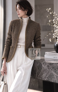 シャネル ジャケット CHANEL 19PF オリーブ グレー ゴールド ジッパー ウール ツイード 36