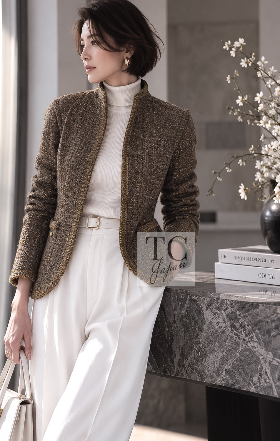 シャネル ジャケット CHANEL 19PF オリーブ グレー ゴールド ジッパー ウール ツイード 36