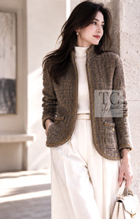 シャネル ジャケット CHANEL 19PF オリーブ グレー ゴールド ジッパー ウール ツイード 36