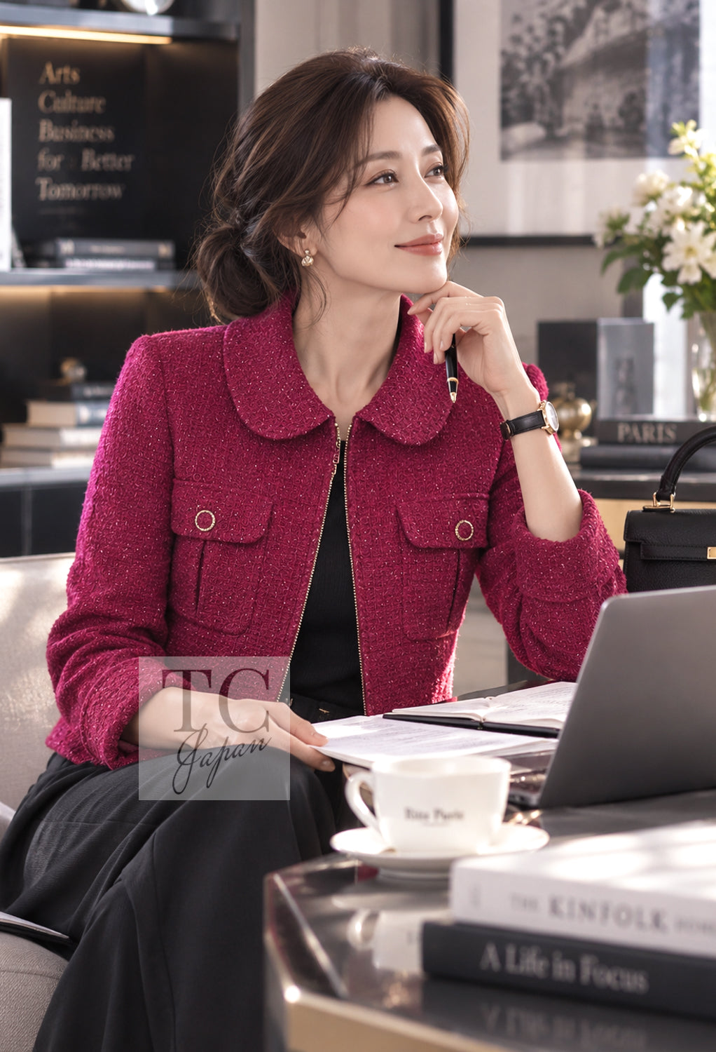 CHANEL Jacket 16A Magenta Pink Metallic Zipper Tweed 36 38 | HK