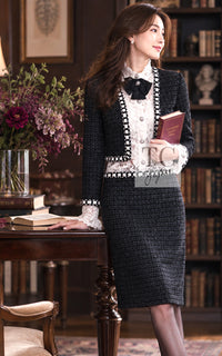 CHANEL Dress 16PF Dark Navy Ivory Fantasy Tweed Lace 34 36 | HK