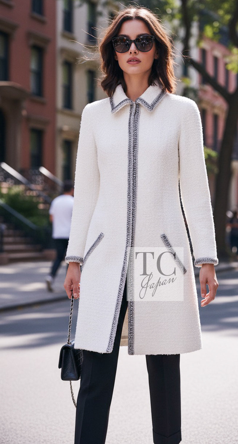 CHANEL Jacket Coat 20S White Wool Cotton Braid Trim Beaded Tweed 34 | UK