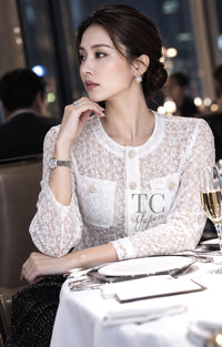 CHANEL Jacket Top Blouse 15S White Flower Lace Cotton 38 | TW