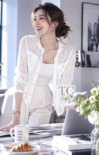 CHANEL Jacket Top Blouse 15S White Flower Lace Cotton 38 | TW