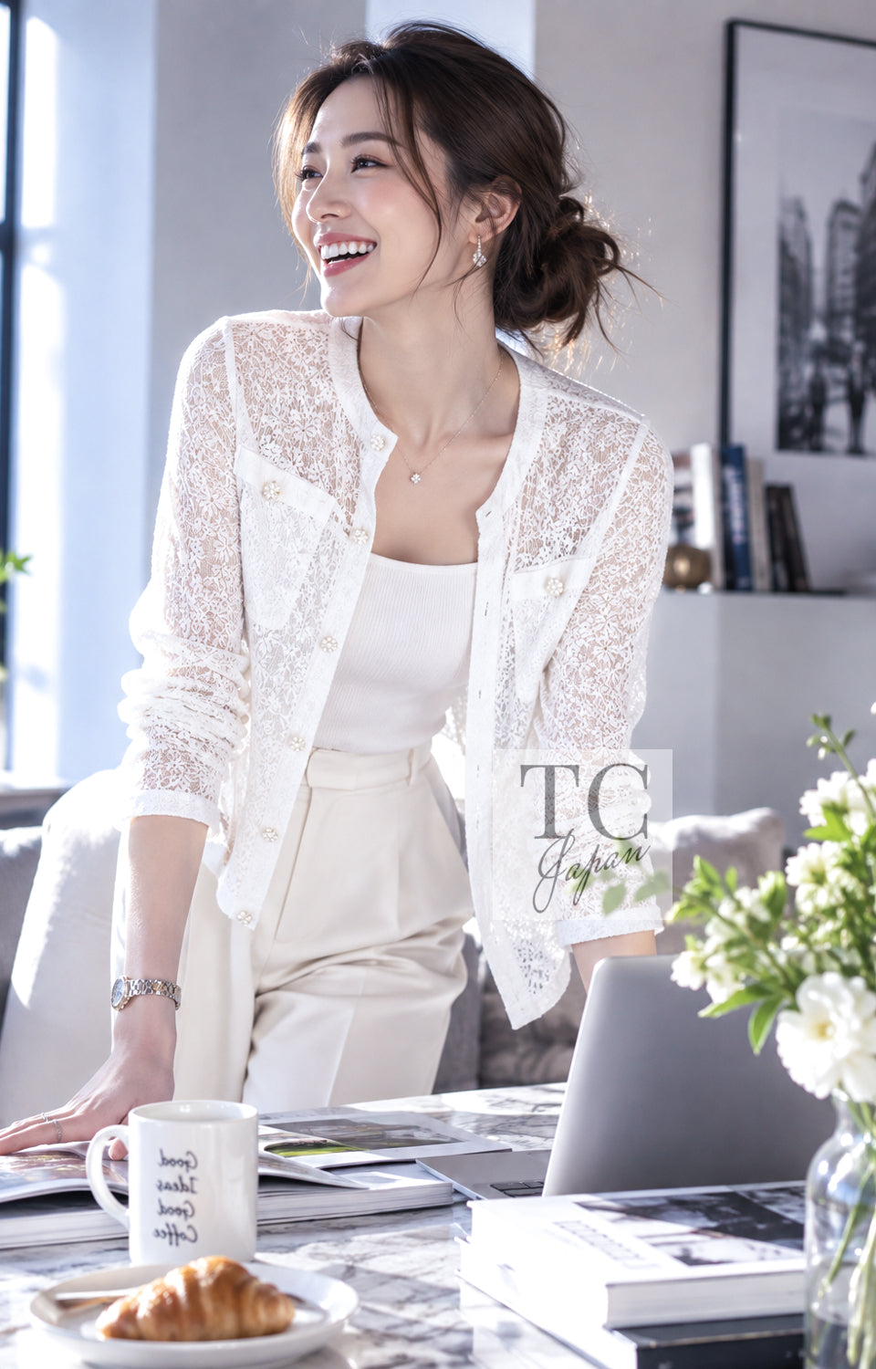 CHANEL Jacket Top Blouse 15S White Flower Lace Cotton 38 | TW
