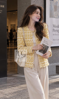 CHANEL Jacket 18S Yellow Ivory Cotton Wool Tweed 40 42 | UK