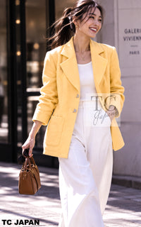 CHANEL Jacket 99C Soft Yellow CC Button Wool Tweed 38 40 | HK