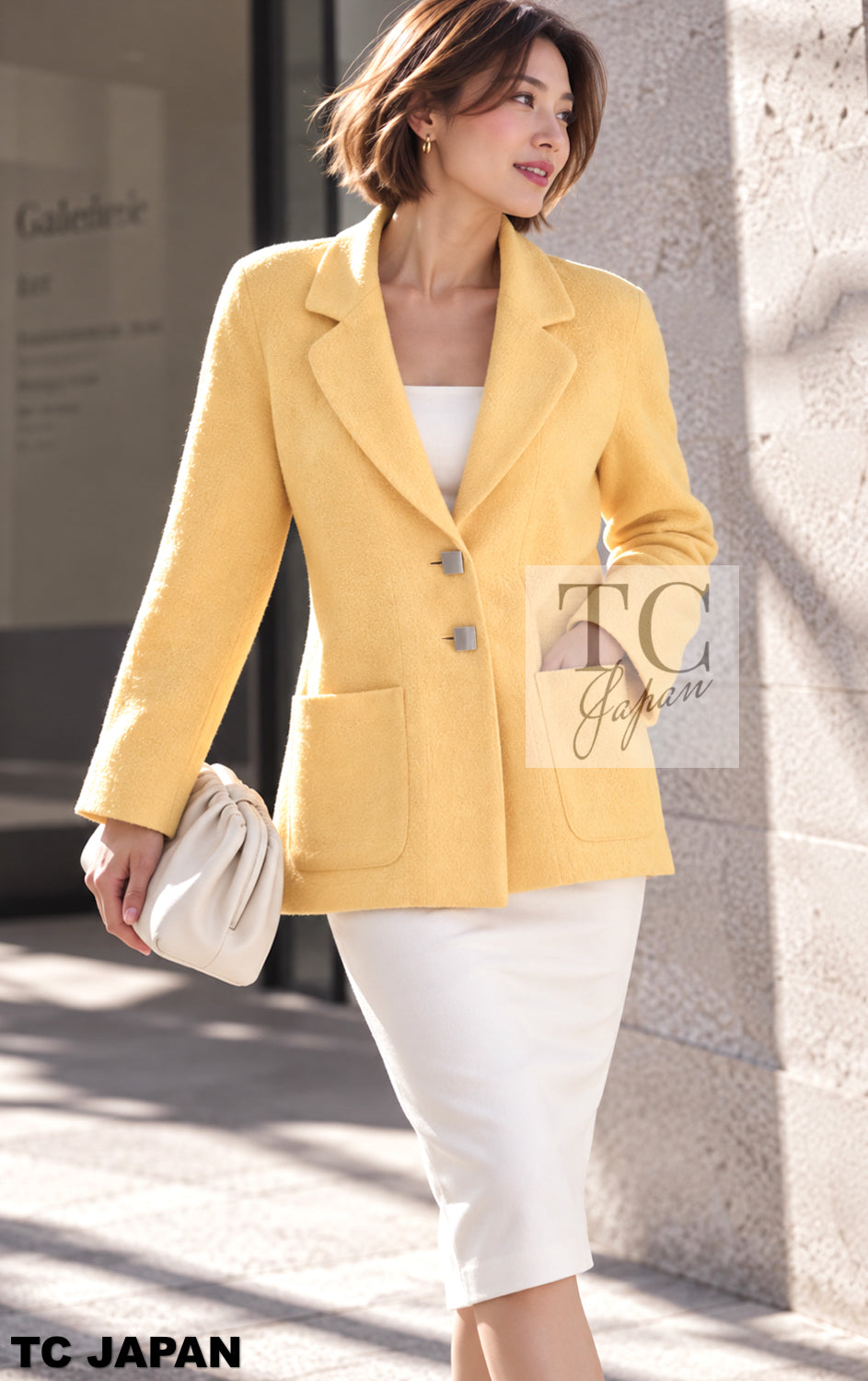 CHANEL Jacket 99C Soft Yellow CC Button Wool Tweed 38 40 | HK