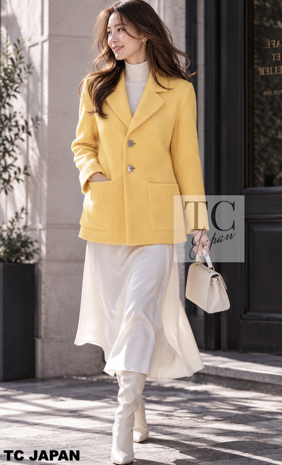 CHANEL Jacket 99C Soft Yellow CC Button Wool Tweed 38 40 | HK