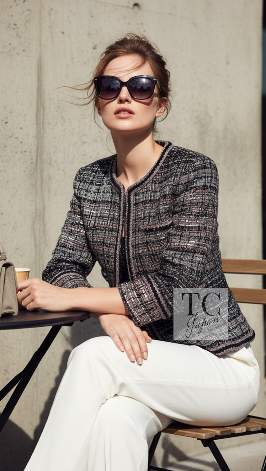 CHANEL Jacket 18PF Black Gray Pink Silver Metallic Tweed 40 42 | HK