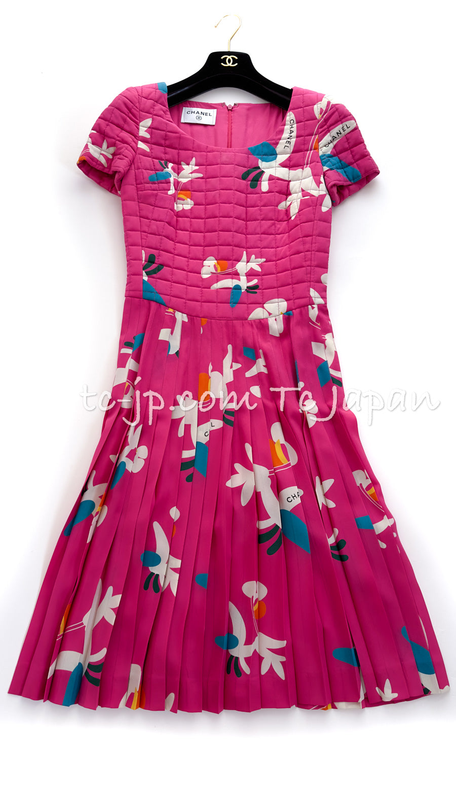 CHANEL 00T Black Pink Fuchsia Silk Floral Pleated Dress 34 シャネル  花柄フローラル・シルク・プリーツ・ワンピース 即発