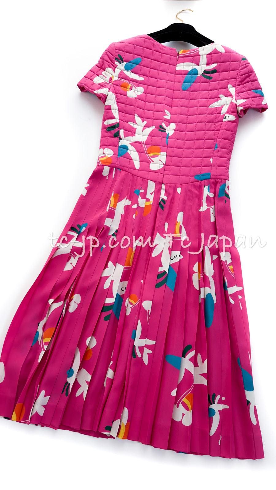 CHANEL 00T Black Pink Fuchsia Silk Floral Pleated Dress 34 シャネル  花柄フローラル・シルク・プリーツ・ワンピース 即発