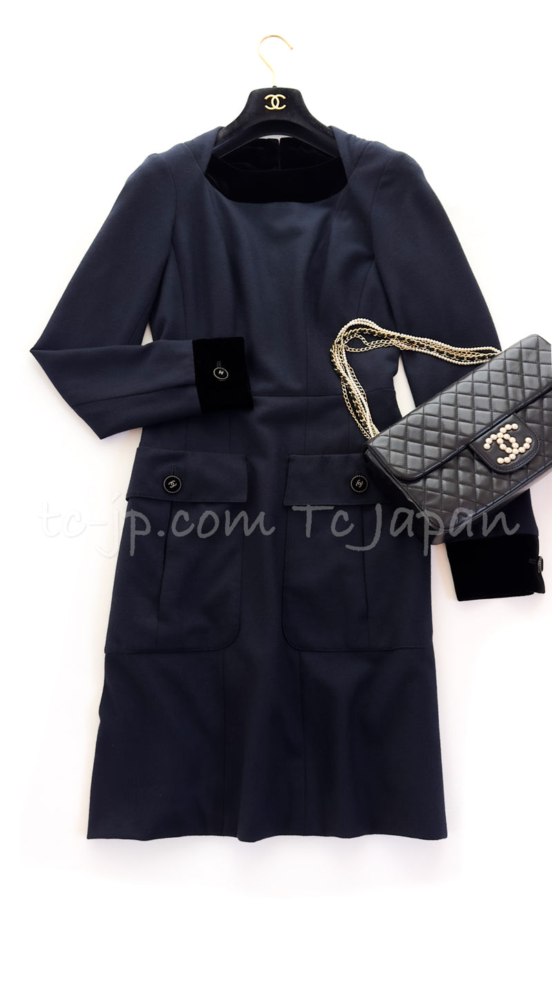 CHANEL 13B Dark Navy Black CC Buttons Wool Cashmere Dress 34 シャネル ダークネイビー ブラック ココボタン ウール カシミア ワンピース 即発