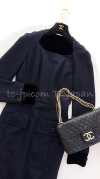 CHANEL 13B Dark Navy Black CC Buttons Wool Cashmere Dress 34 シャネル ダークネイビー ブラック ココボタン ウール カシミア ワンピース 即発