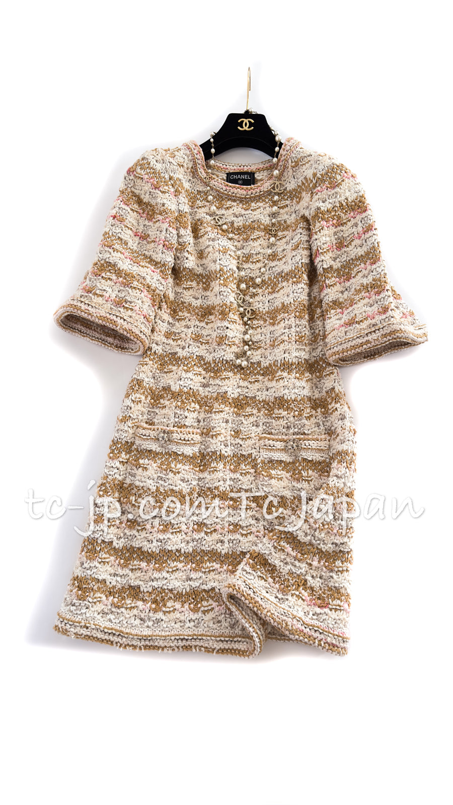 CHANEL 15C Camel Creme Pink Knit Dress 38 シャネル キャメル・クリーム・ニット・ワンピース 即発