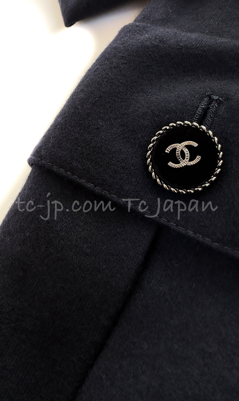 CHANEL 13B Dark Navy Black CC Buttons Wool Cashmere Dress 34 シャネル ダークネイビー ブラック ココボタン ウール カシミア ワンピース 即発