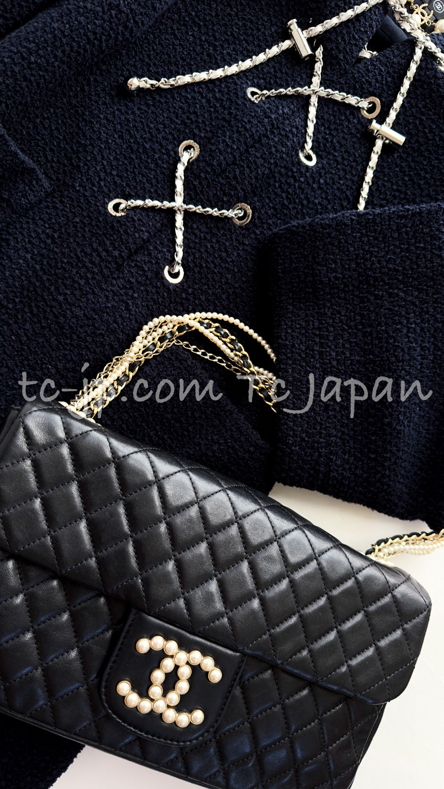 シャネル ワンピース CHANEL ネイビー チェーン装飾 コットン 21PS