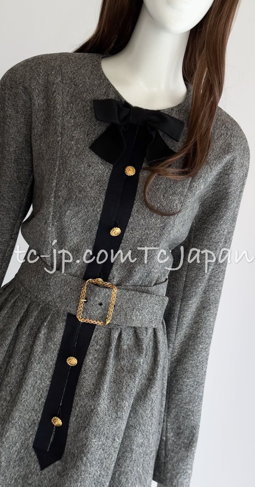 CHANEL 88A Vintage Naomi Campbell Gray Ribbon Bow Dress 40 シャネル  ヴィンテージ・グレー・リボン・ワンピース 即発