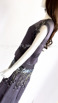 CHANEL 02A Lavender Gray Beads Sequins Collectible Silk Dress 34 36 シャネル ラベンダー・グレー・豪華装飾・ビーズ・スパンコール・コレクティブル・シルク・ワンピース・ドレス 即発