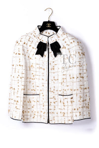 シャネル ジャケット CHANEL 19S ホワイト ゴールド ジップアップ リボン ツイード ジャケット 40 CHANEL Jacket 19S White Gold Bow Zip up 40