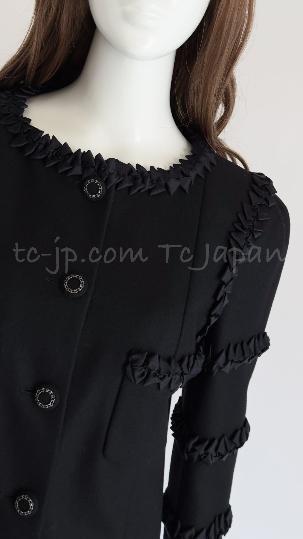 CHANEL 08PF $10K Black Wool Cashmere Braid Trimming Coat 38 40 シャネル ブラック・ウール・カシミア・ブレイドトリミング・コート