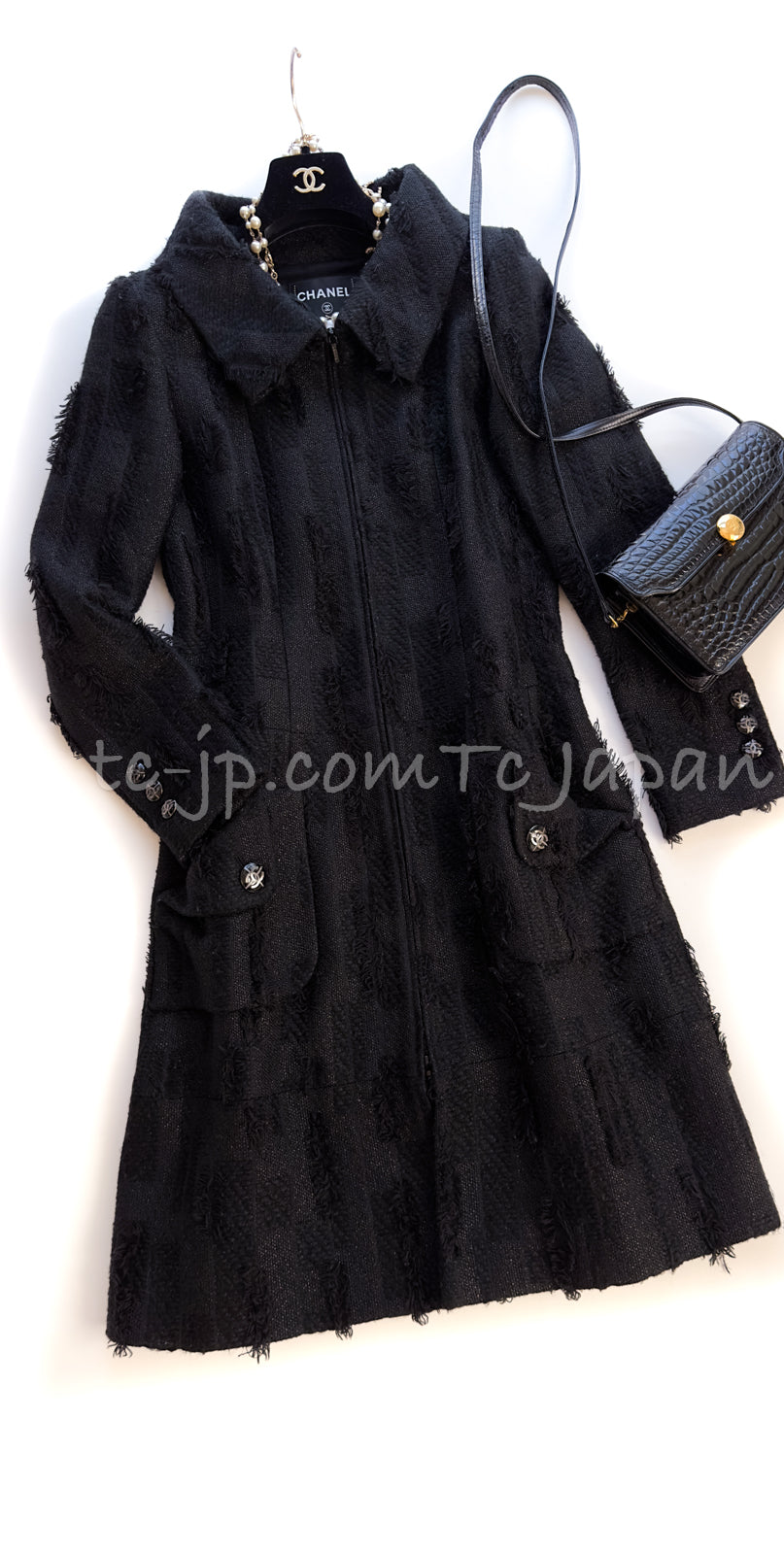 CHANEL 15A Black Metallic Zipper Coat Dress 38 40 シャネル ブラック・メタリック・ジッパー・コート・ワンピース