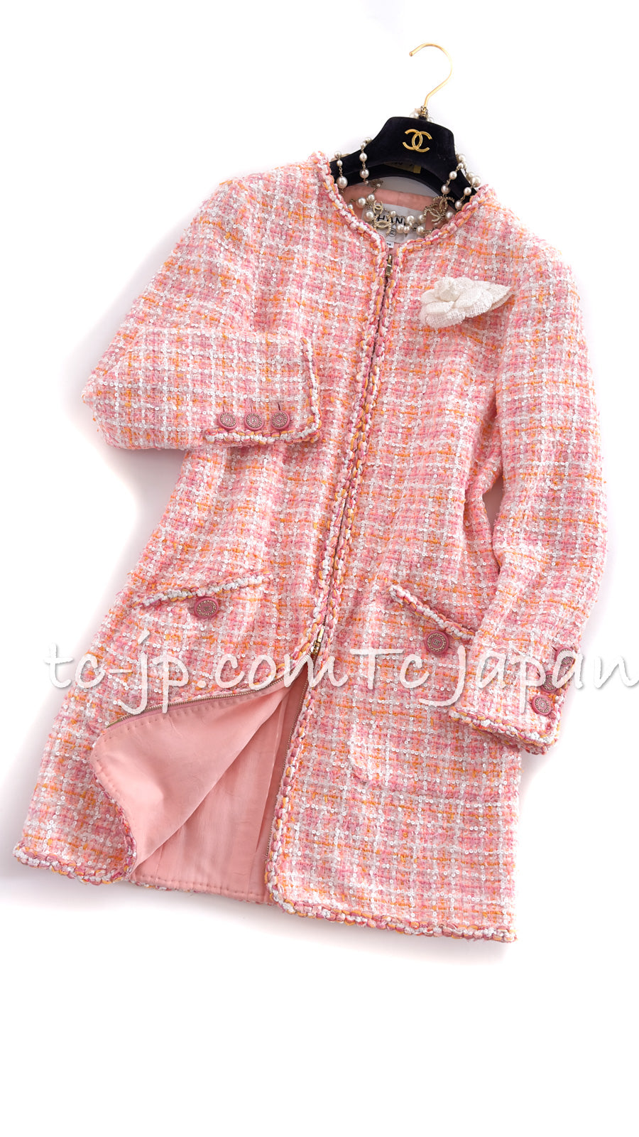 CHANEL 19C Pink Orange Zipper Coat Dress 36 38 シャネル ピンク オレンジ ジッパー ツイード コート  ワンピース 即発