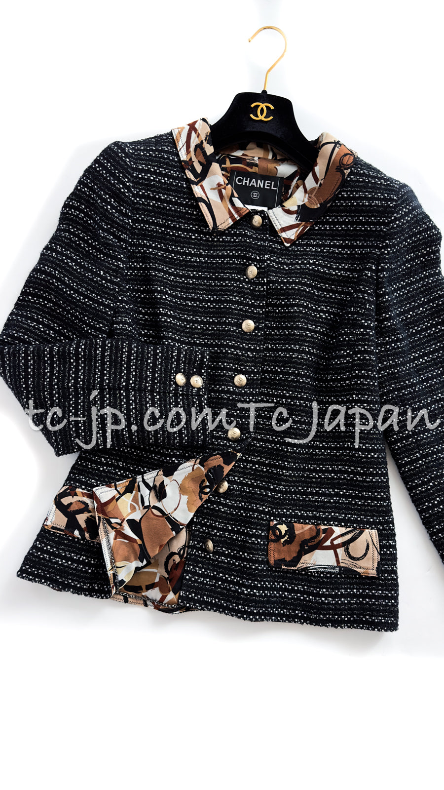 CHANEL 05S Black Brown Beige Cotton Tweed Jacket 40 シャネル  ブラック・ブラウン・ベージュ・CCマーク裏地・コットン・ツイード・ジャケット 即発